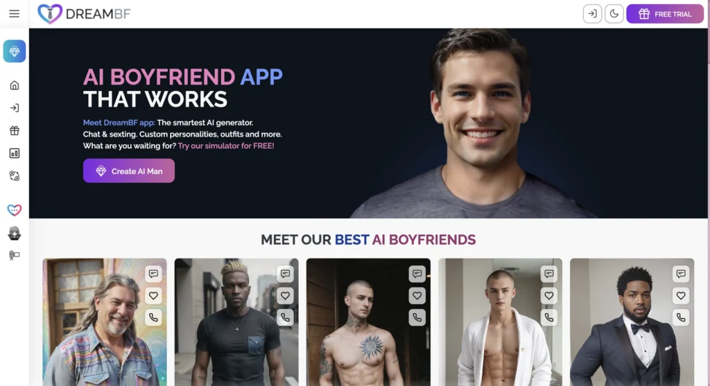 Screenshot of Dream BF, a visual AI boyfriend app featuring customizable avatars and chat.