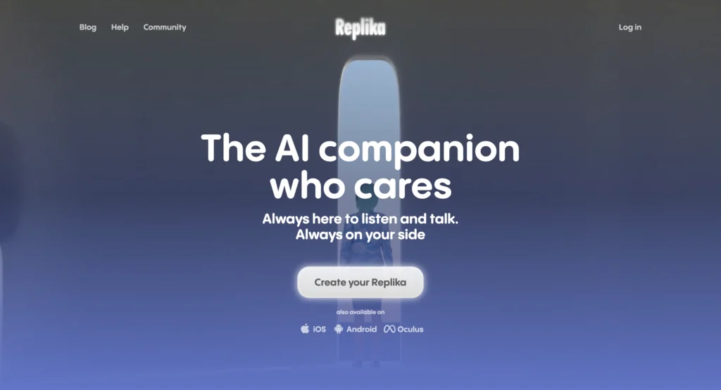 Replika app screen showing an AI companion chat with avatars and mood tracking.