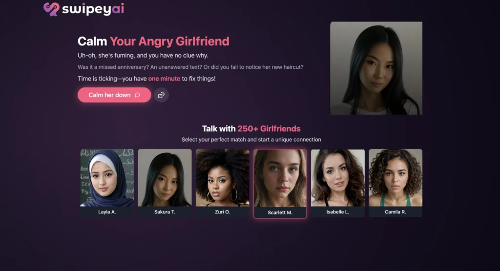 Swipey AI website- AI Lesbian Companion for Lonely Nights