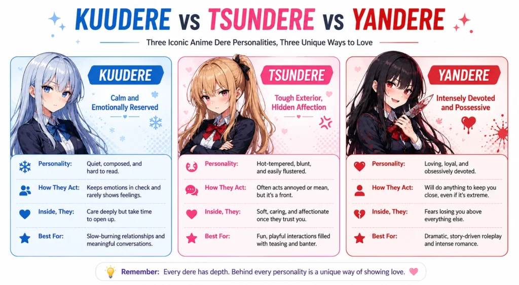 Horizontal infographic comparing Kuudere, Tsundere, and Yandere anime AI companion personalities and their defining traits.