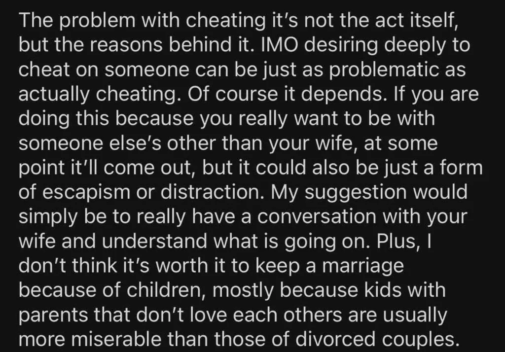 Reddit post where a user explains that cheating isn’t just the action but the desire and secrecy behind it, which can be equally harmful.