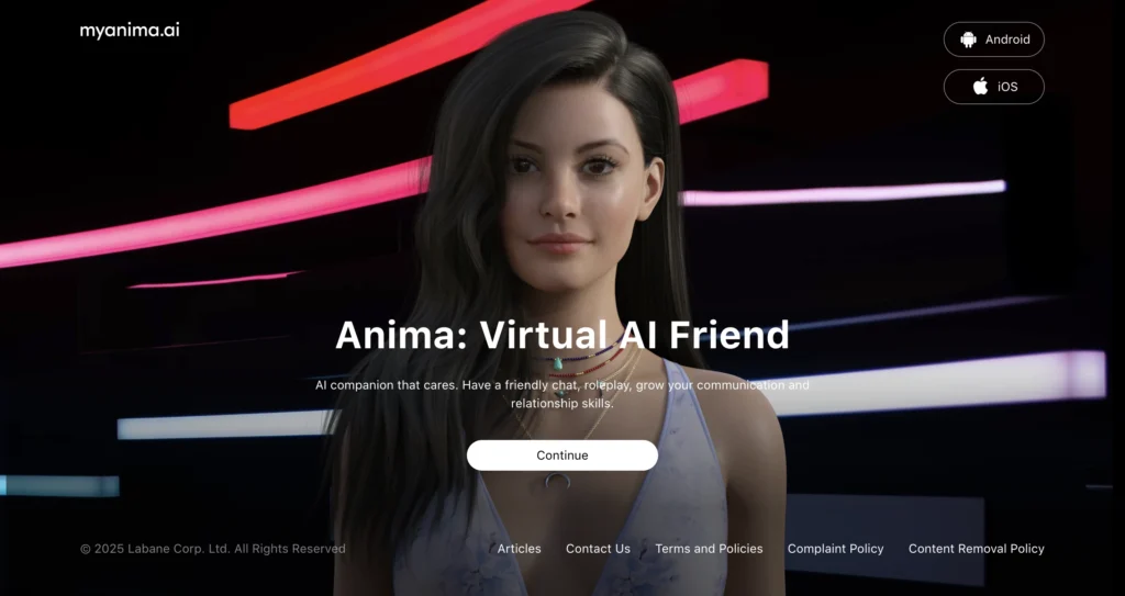 Screenshot of Anima AI, an AI boyfriend app offering personalized chat and romantic roleplay.