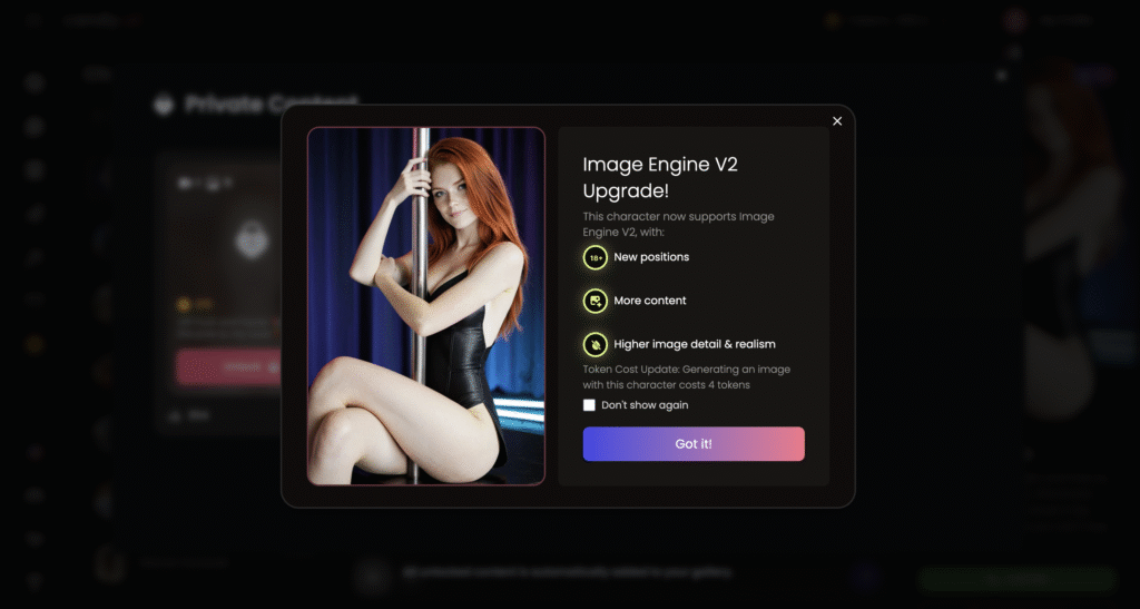 Candy AI review screenshot highlighting Image Engine V2 features including realism, consistent faces, and pose options
