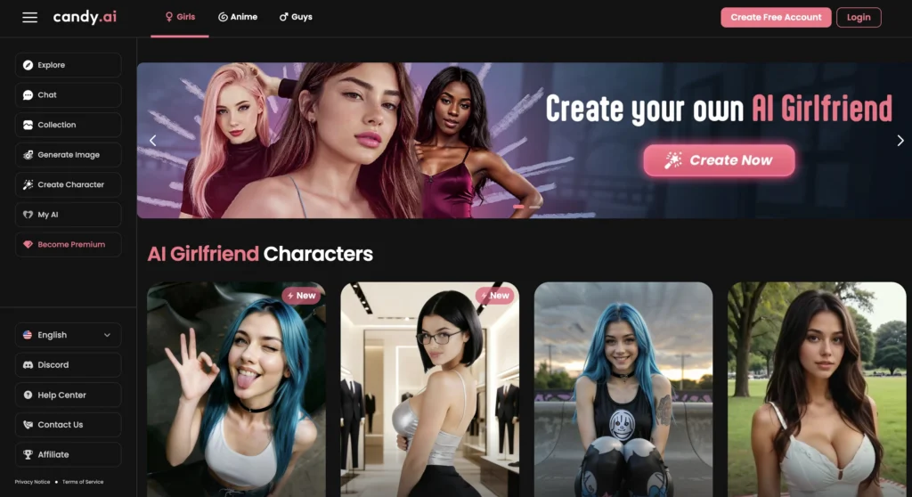 Candy AI waifu app showing interactive chat interface