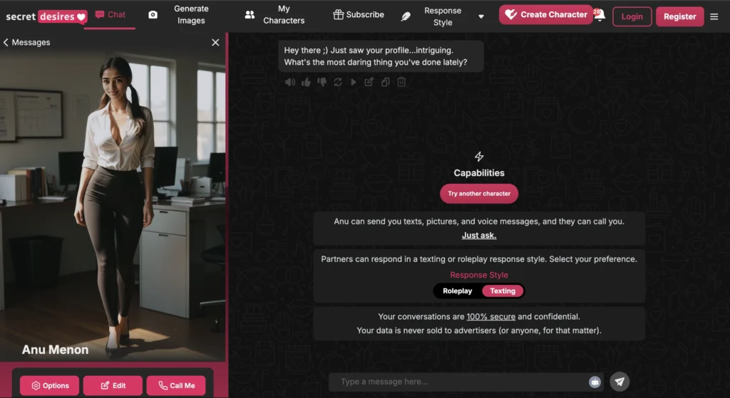 SecretDesires.ai review showing AI girlfriend chat experience with adaptive, immersive, and roleplay conversation features.