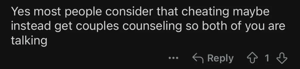 Reddit user commenting that most people consider dating an AI chatbot cheating, and suggesting couples counseling instead.
