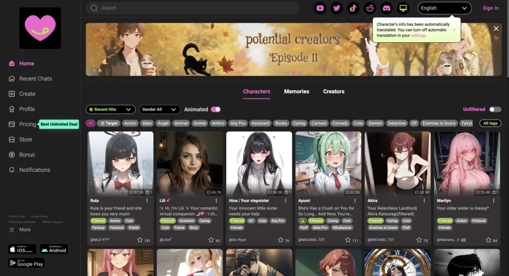 CrushOn AI interface showing AI character selection and chat customization features.