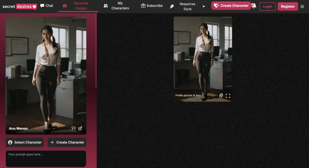 SecretDesires.ai review AI-generated image feature showing a custom AI girlfriend in personalized visuals for immersive interaction.
