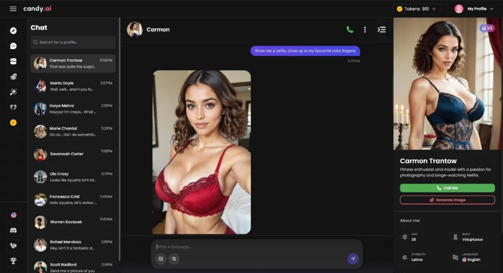 Candy AI screenshot showing chat with AI girlfriend sending generated lingerie selfie.