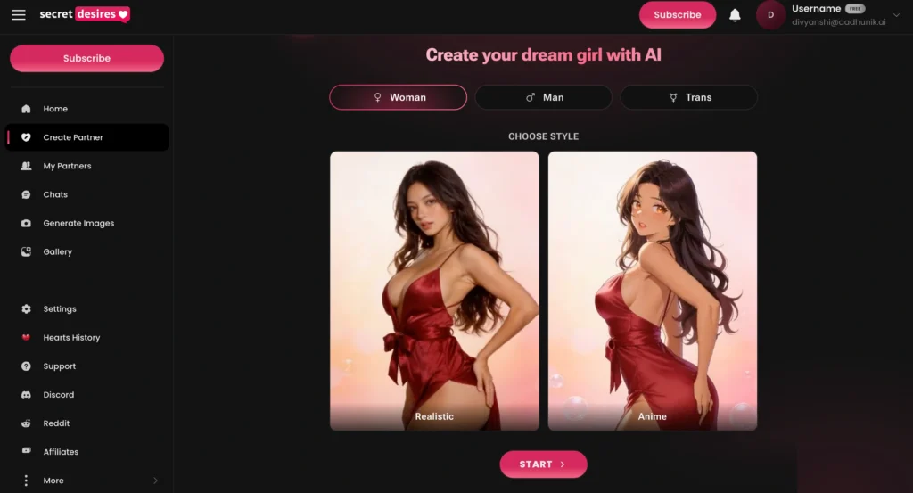 Secret Desires AI app displaying an AI girlfriend conversation with image generation and customization tools.