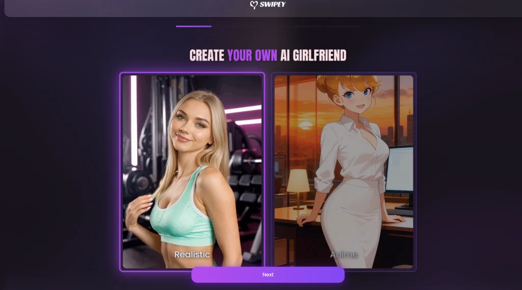 Swipey AI app displaying a custom AI girlfriend profile with chat and AI-generated images.