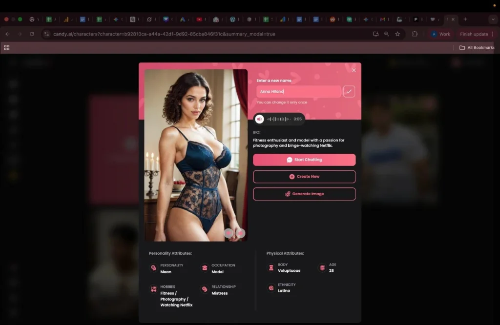 Candy AI review screenshot of rename and voice preview modal during girlfriend setup.