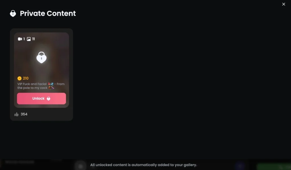 Candy AI screenshot of private content pack with images, video, and like counts.