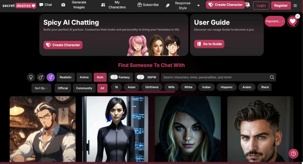 ecret Desires app screen showing personalized AI conversation and fantasy roleplay.
