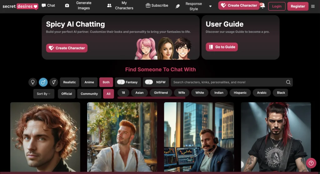 Interface of Secret Desires, an AI boyfriend app for fantasy and roleplay chat experiences.