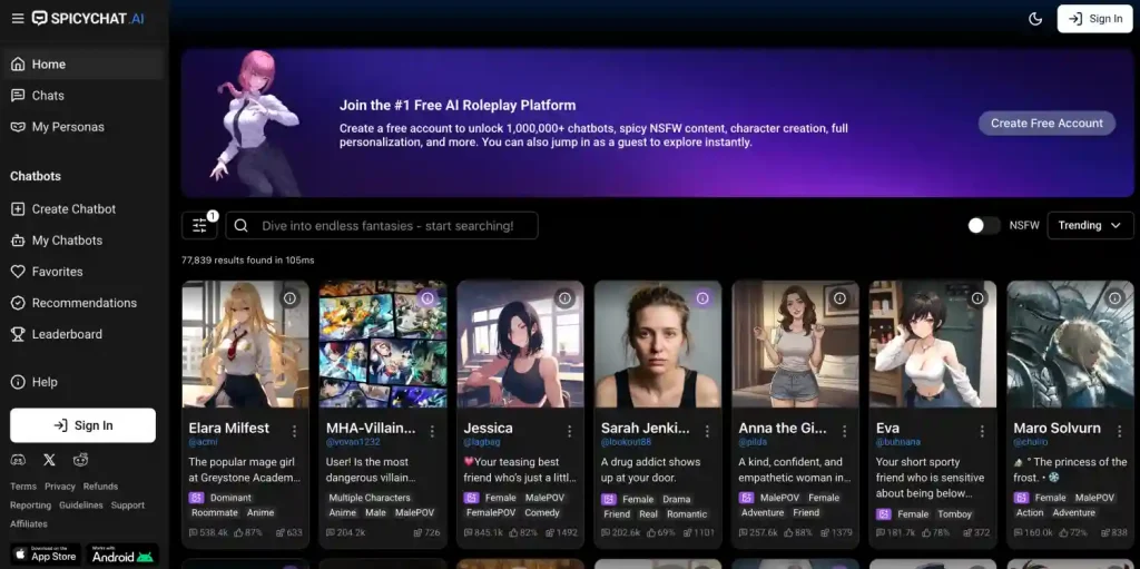 SpicyChat AI: Best for uncensored NSFW roleplay