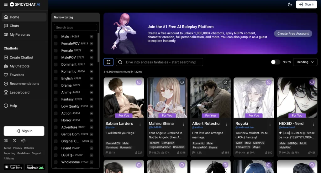 Interface of SpicyChat, an AI boyfriend app designed for bold and flirty roleplay chats.