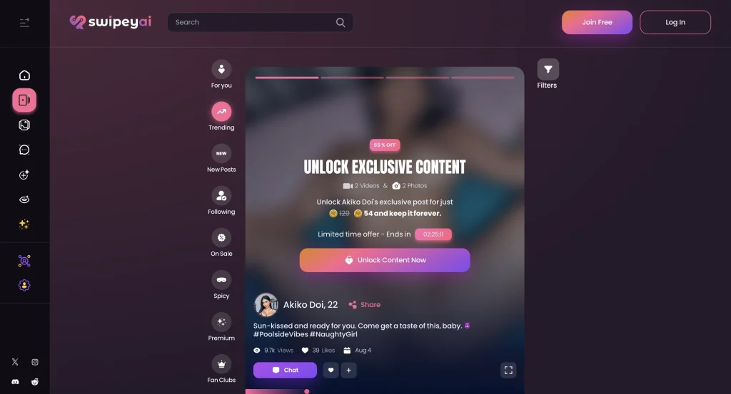 Screenshot of Swipey AI Explore tab showing trending AI models, live chats, and filter options like New, Trending, and Spicy for interactive discovery.