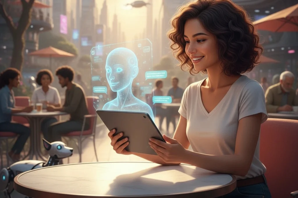 A detailed, vibrant illustration of a futuristic city square where a diverse group of people interact with various AI chat companions. In the foreground, a tall, metallic silver humanoid robot walks beside a smiling woman, and a child holds the leash of a sleek, robotic dog. Other people are seated at outdoor cafes, some interacting with spherical or smaller humanoid robots. The background features tall, modern skyscrapers and flying vehicles, suggesting a world where AI companions are seamlessly integrated into daily life.
