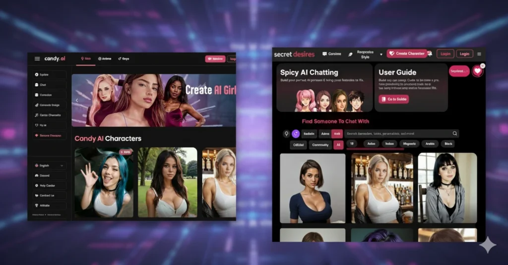 Comparison of Candy AI and Secret Desires showing features, customization, and AI chat experience for virtual companions.