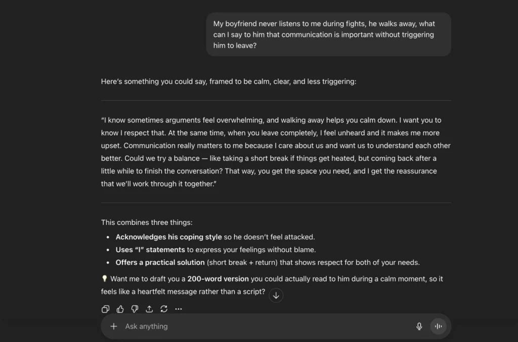 A chat screenshot showing AI for couples therapy advice, where a user asks how to talk about communication without blame, and the AI suggests a softer, empathetic phrasing.