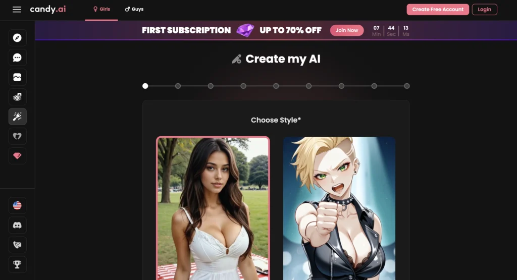 Screenshot of Candy AI website showing interactive chat interface with a virtual girlfriend and playful design elements.