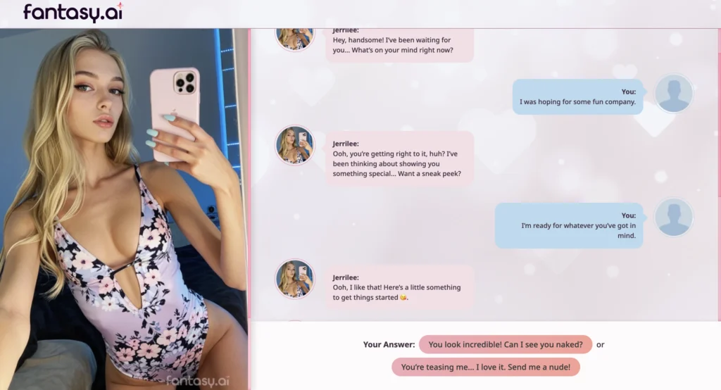 Image of Fantasy AI app displaying a conversation with a customized AI girlfriend, highlighting text chat, adaptive responses, and interactive roleplay features.
