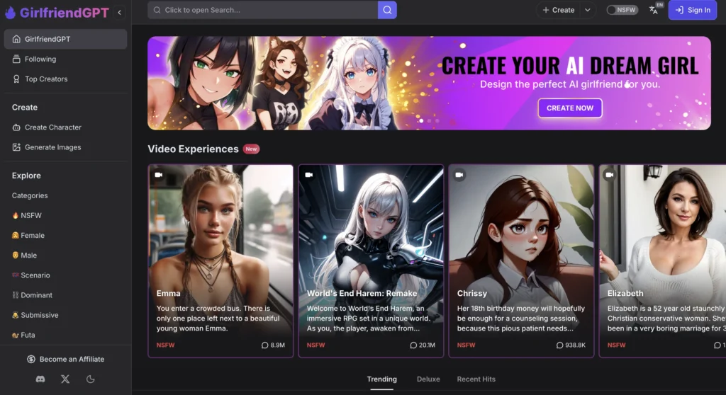 Screenshot of GPTGirlfriend homepage displaying realistic AI chat, customizable characters, and storytelling interface.