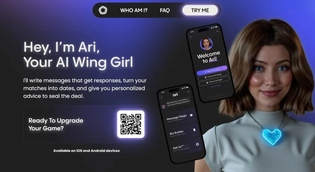 Screenshot of Ari AI wingwoman app interface showing personalized dating guidance tools.