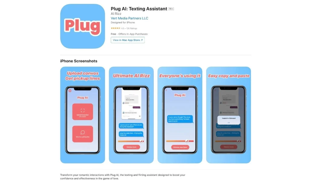 Screenshot of PlugAI dating assistant app store page showing branding and features.