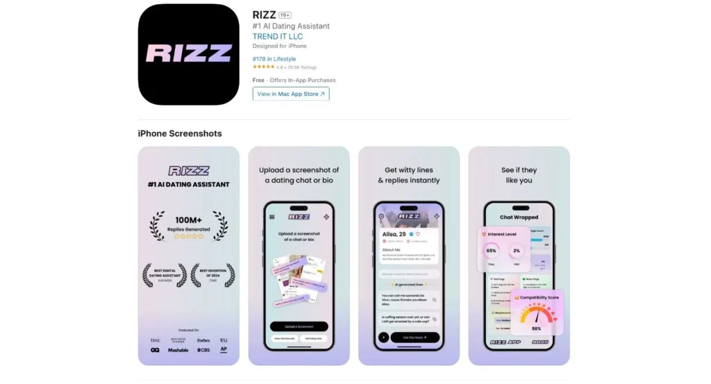Screenshot of Rizz AI dating assistant app store page highlighting features and subscription details.