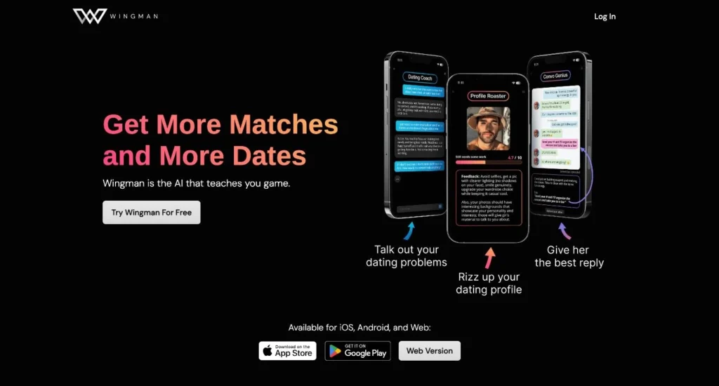 Screenshot of Wingman Live app interface highlighting Convo Genius, Profile Roaster, and AI Dating Coach options.