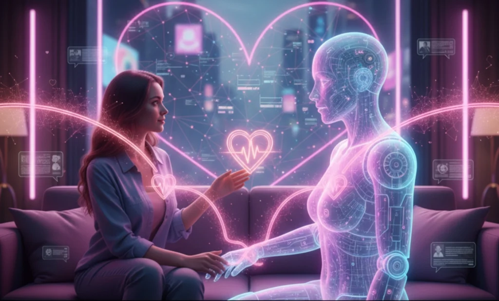 A futuristic and emotional digital artwork. A human woman sits on a couch, gently reaching out to a semi-transparent, glowing holographic AI figure that mirrors her posture. Soft pink and blue light emanates between them, forming a glowing heart where their hands almost meet. The background subtly shows circuits and data streams coalescing into a larger heart shape, with neon pink and blue lighting illuminating the scene, emphasizing connection and artificial emotion.