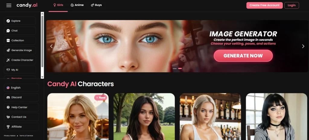 Candy AI website interface with a main banner advertising an "IMAGE GENERATOR" and a grid below showing realistic and anime-style AI character portraits.