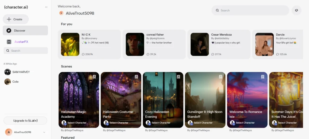 Character.AI user interface showing a "Discover" feed with various character suggestions and themed scenarios like "Halloween Magic Academy."