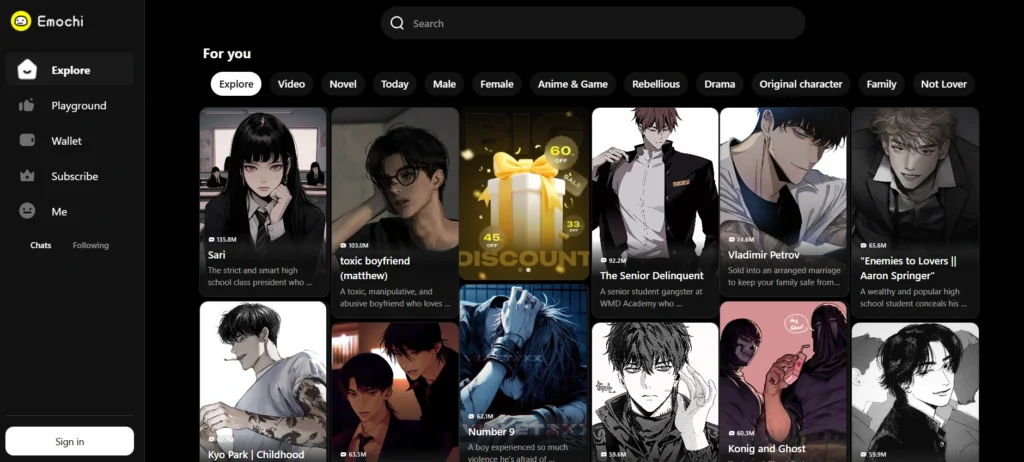 Emochi chat app interface. The dark-mode screen displays character cards with anime-style artwork, including titles like "toxic boyfriend" and "The Senior Delinquent."