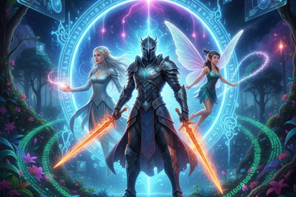 Artwork of a knight in dark armor flanked by an elf and a fairy in a magical, glowing forest setting.