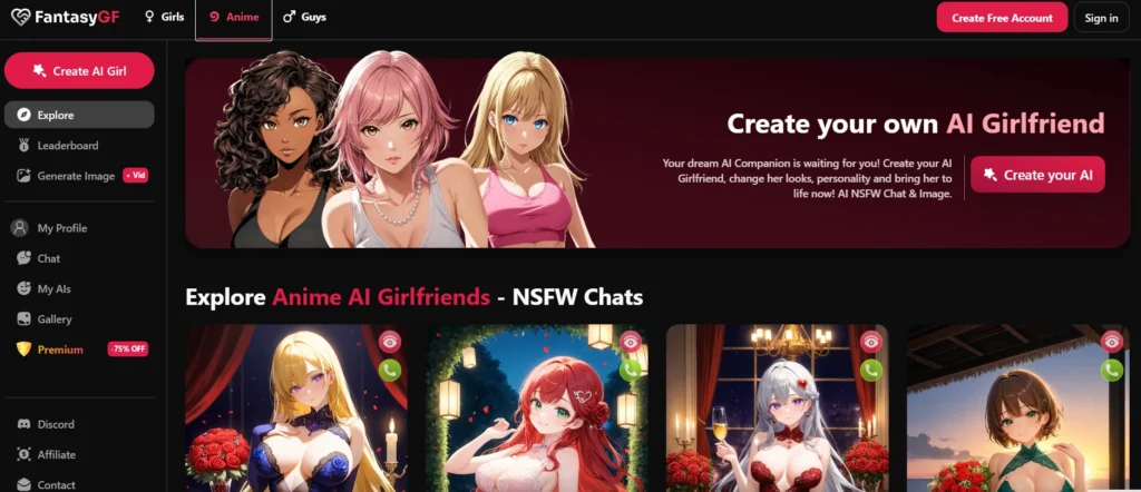 Screenshot of FantasyGF website showcasing anime-style AI characters and options for NSFW chats.