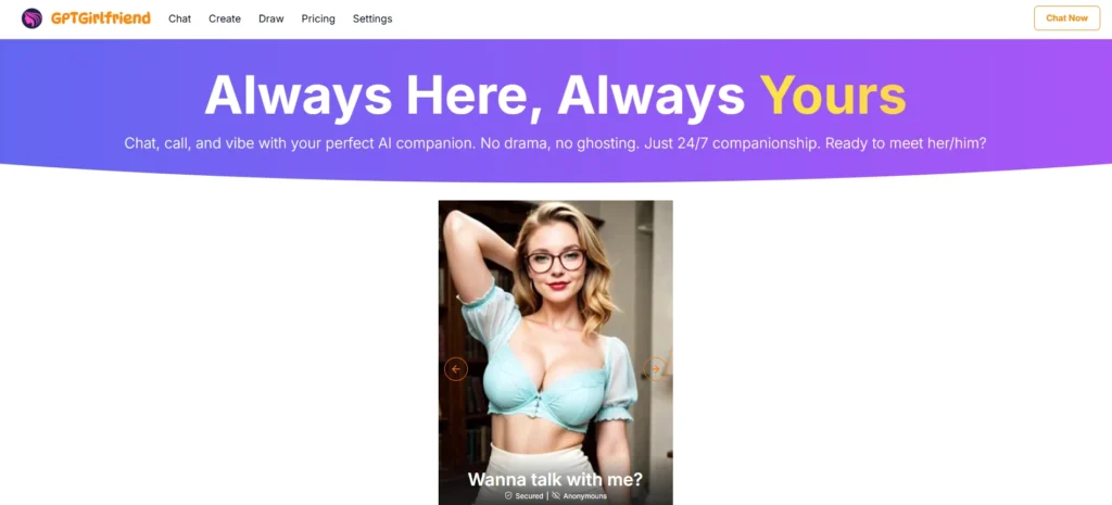 Screenshot of the GPTGirlfriend website home page. A banner reads "Always Here, Always Yours," and a central image shows a blonde woman in glasses and a light blue top with text, "Wanna talk with me?"