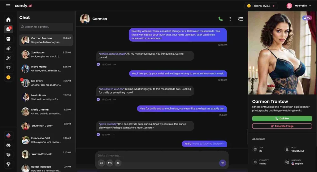 Halloween AI roleplay prompts example inside Candy AI showing a masked masquerade flirt chat with an AI companion.