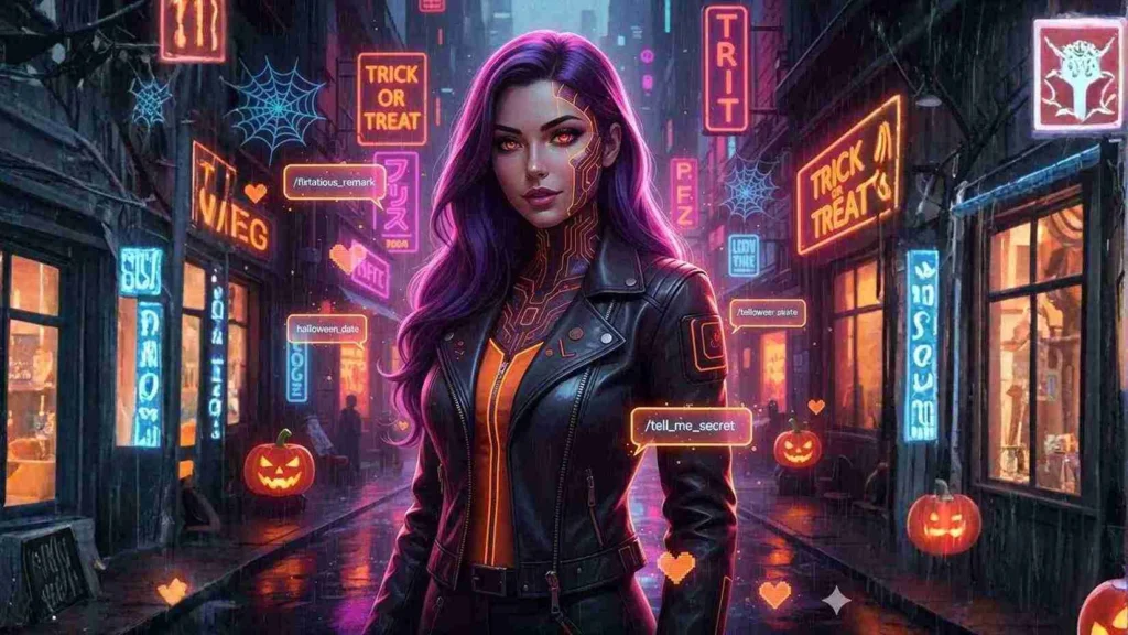 Neon orange Halloween themed digital art of a futuristic woman emerging from a chat interface, representing AI roleplay during spooky season.
