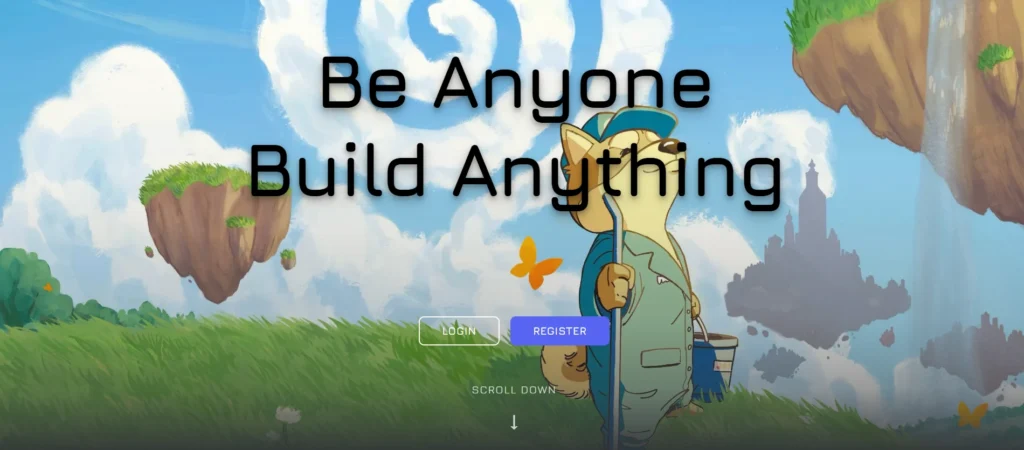 Janitor AI website homepage featuring a whimsical fantasy scene with a dog-like cartoon character and the slogan, "Be Anyone Build Anything."