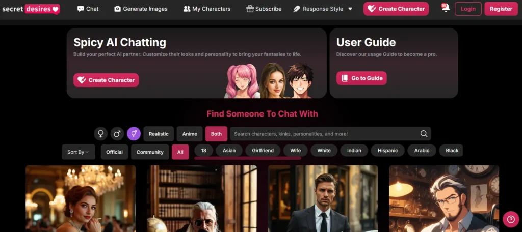 Secret Desires website screenshot. The page features sections for "Spicy AI Chatting" and character filters including "Realistic," "Anime," and various demographics.