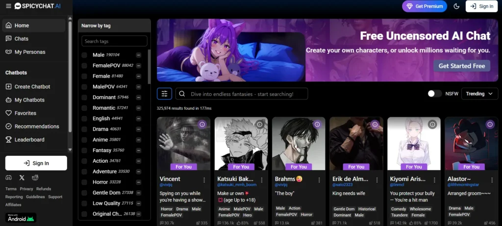 Screenshot of the SpicyChat.AI homepage. The left sidebar includes navigation options like Home, Chats, My Personas, Create Chatbot, Favorites, Recommendations, and Leaderboard. The center features a large purple banner with an anime girl holding plush toys and the text “Free Uncensored AI Chat – Create your own characters, or unlock millions waiting for you.” Below it is a search bar and tag filters such as Male, FemalePOV, Dominant, Romantic, Anime, Fantasy, and more. The main grid displays various trending AI characters with thumbnails, names, tags, and engagement stats. A toggle for NSFW content and sorting options appear at the top-right of the results.