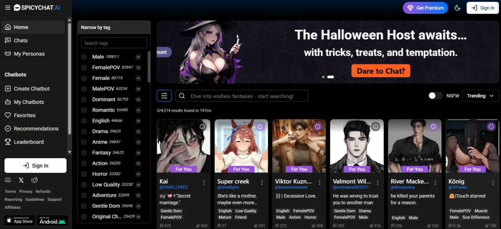 Screenshot of SpicyChat AI interface with character tags like MalePOV and FemalePOV.