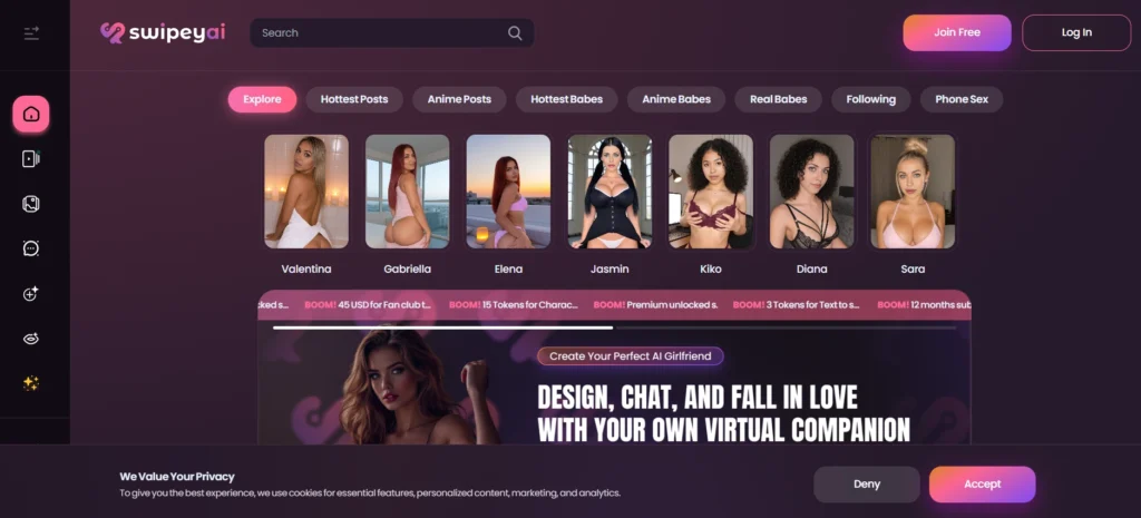 Swipey AI website screenshot featuring multiple thumbnails of attractive female characters and a banner promoting the creation of a "Perfect AI Girlfriend."