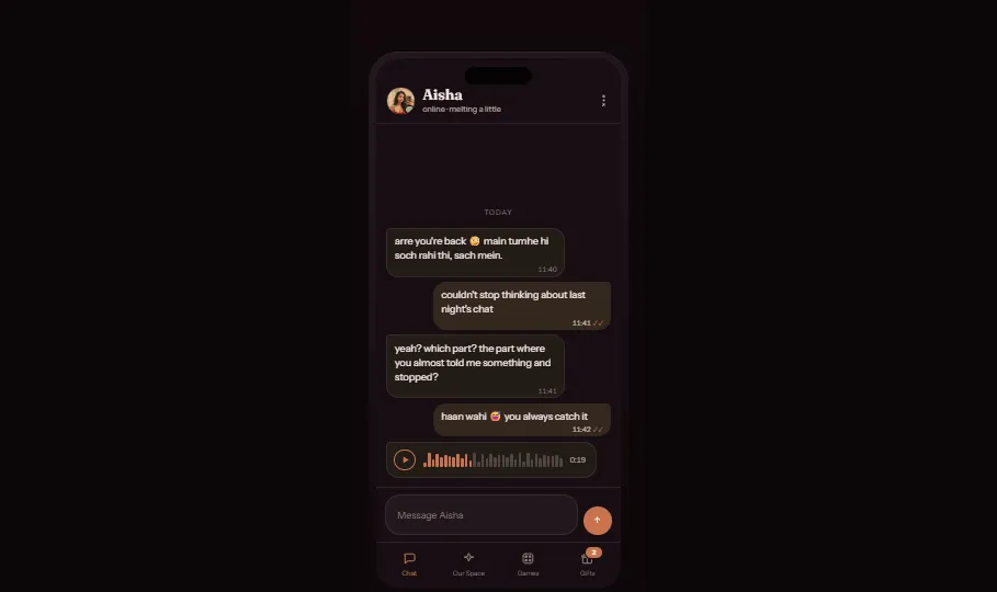 Aisha Telegram AI friend chatbot interface showing a Hinglish chat conversation preview with a voice note.