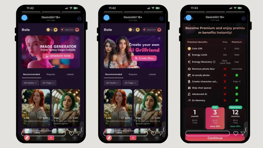 Screenshot of the DesireGirl AI Telegram mini app displaying personalized AI girlfriend creation options, character cards, and subscription tiers.
