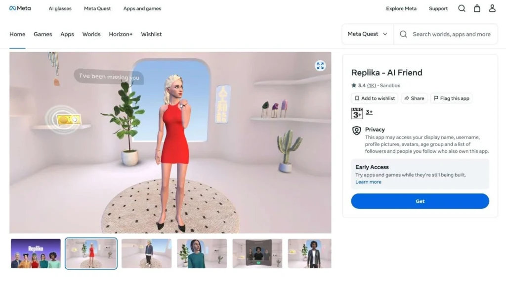 Replika app page on Meta Quest showing a female avatar in a red dress inside a minimalist virtual room, part of the virtual girlfriend VR experience.