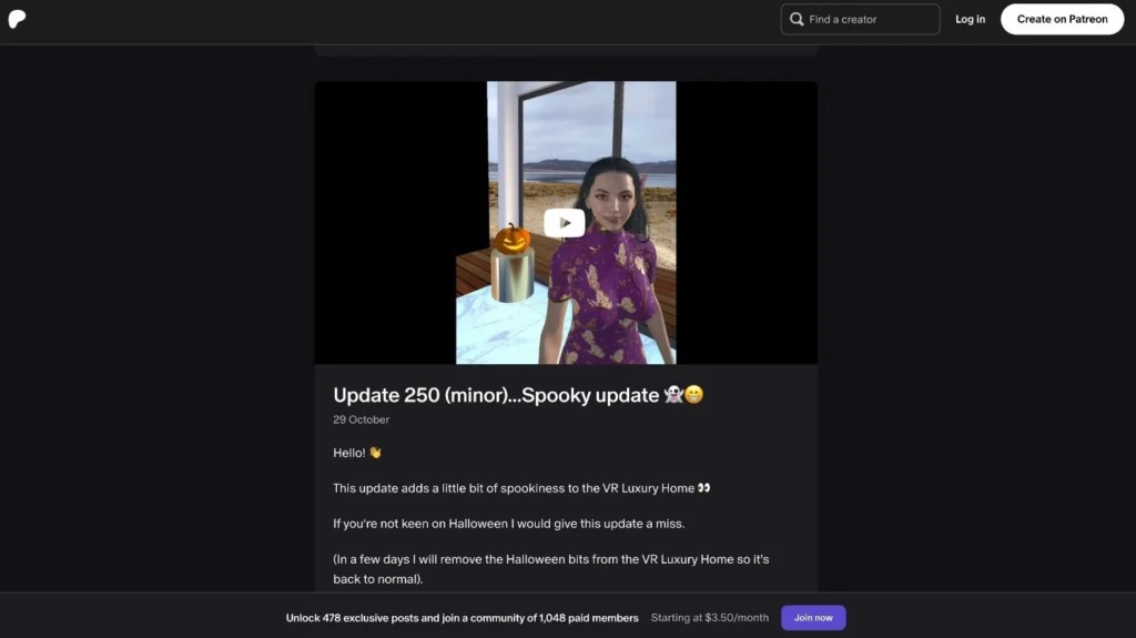 Screenshot of TykeAI Patreon post showing a 3D female avatar in a purple dress with update notes about new VR home features.